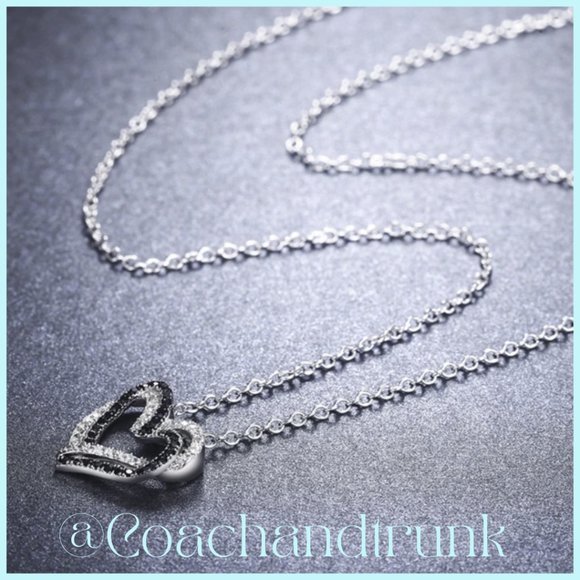 Sterling Silver Black Spinel And White CZ Stylish Double Heart Pendant Necklace - Picture 3 of 5